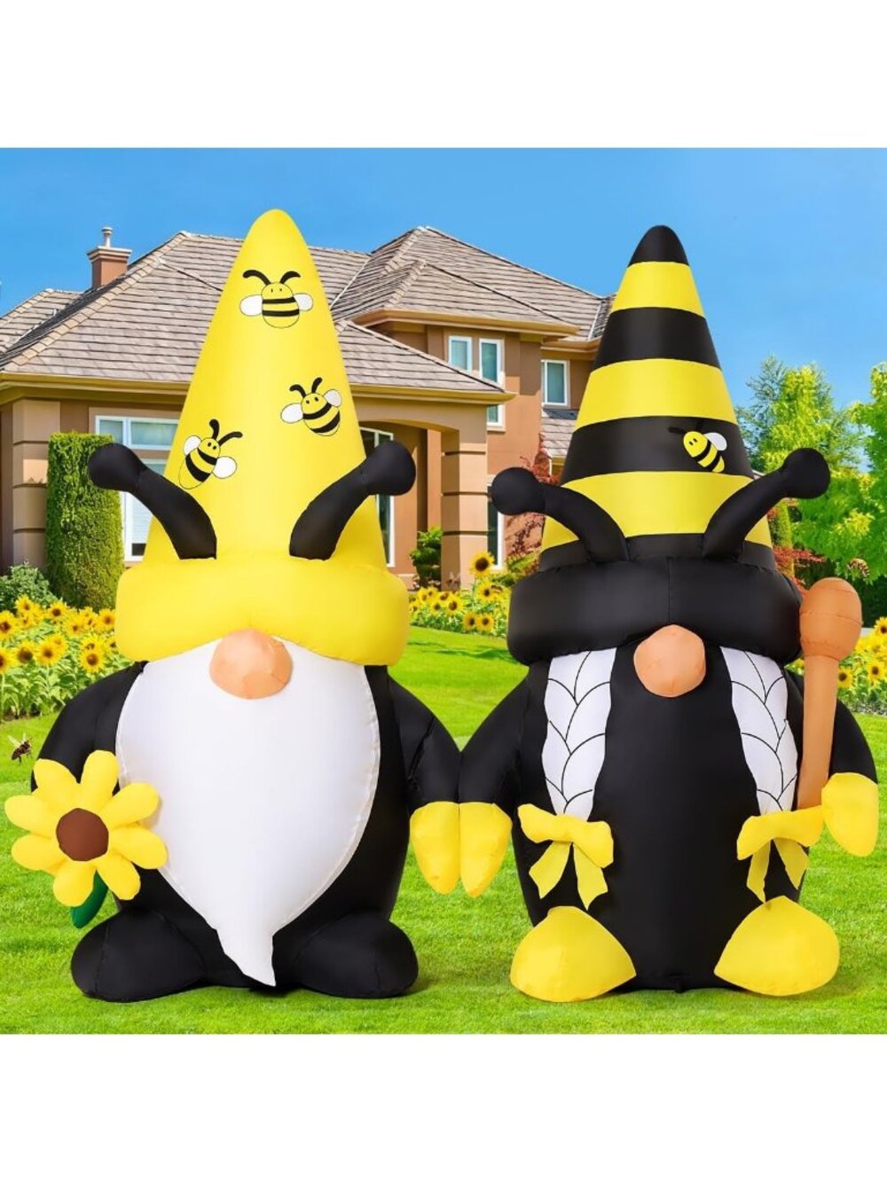 6FT Inflatable Gnome Yard Decor with Bees & Sunflower, LED Lights for Garden